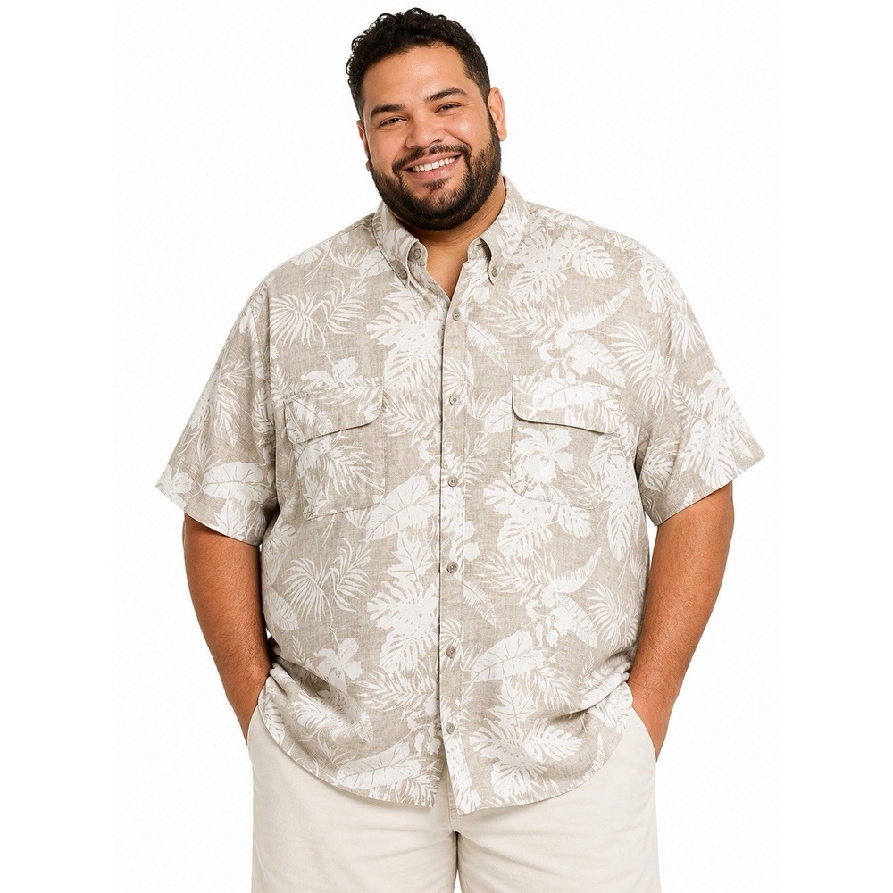 Chaps Mens Shirt XXL Beige Tropical Leaf Print Button Front Collared Short Sleev
